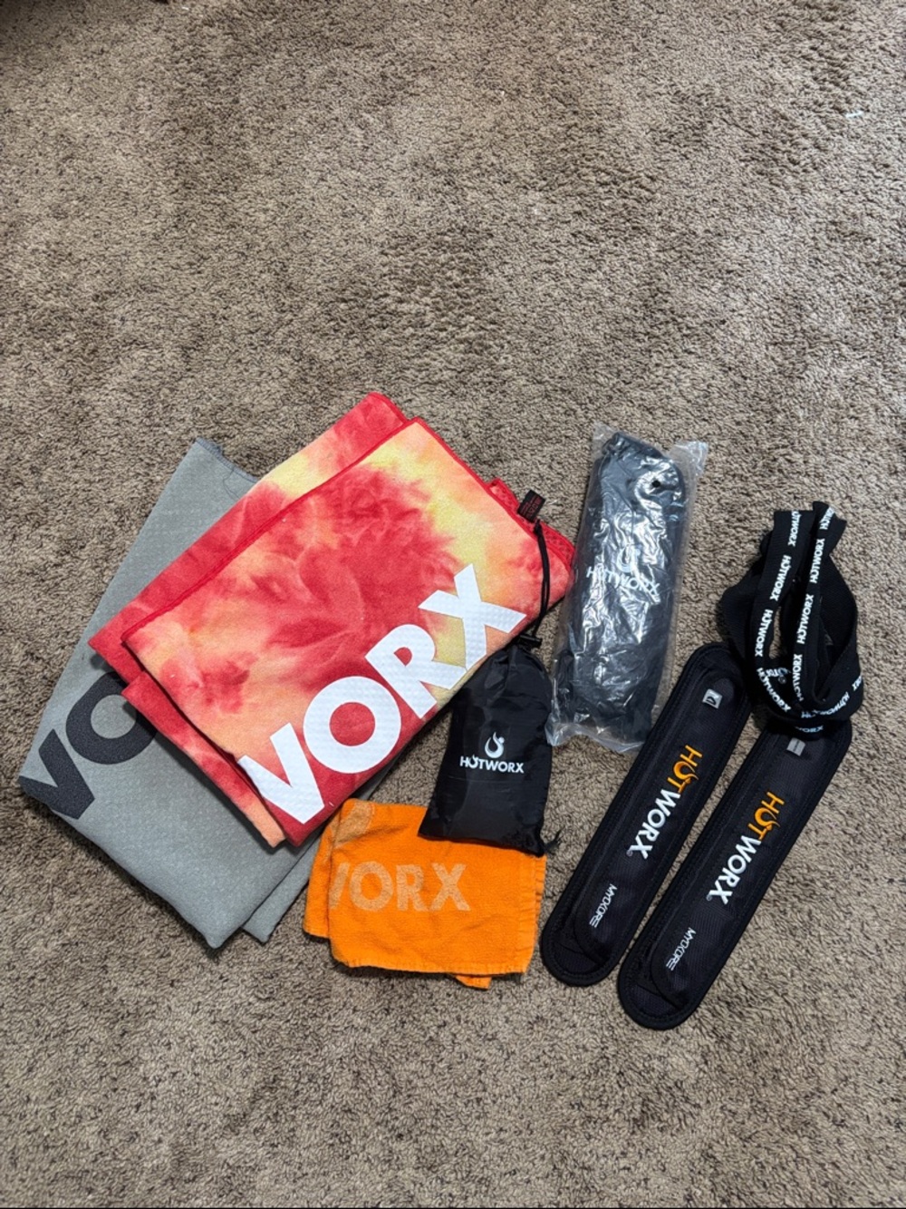 WORX Tie-Dye Red & Orange Towel Set with Black Workout Straps